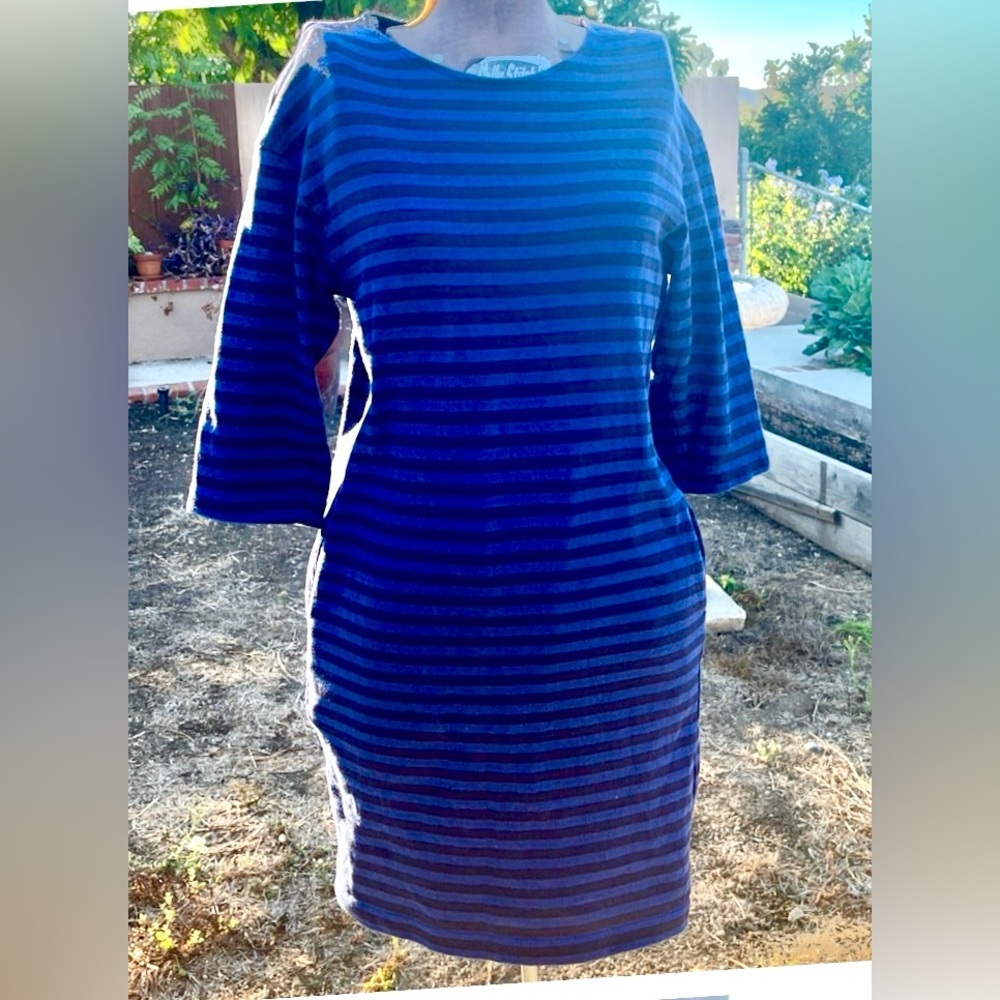 Uniqlo Blue Stripe Tunic Dress Aline cotton 3/4 sleeve striped navy & black szS